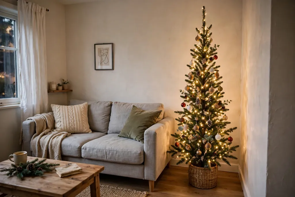 Slim decorated Christmas tree in the corner of a small living room beside a sofa, with warm white lights and small ornaments.