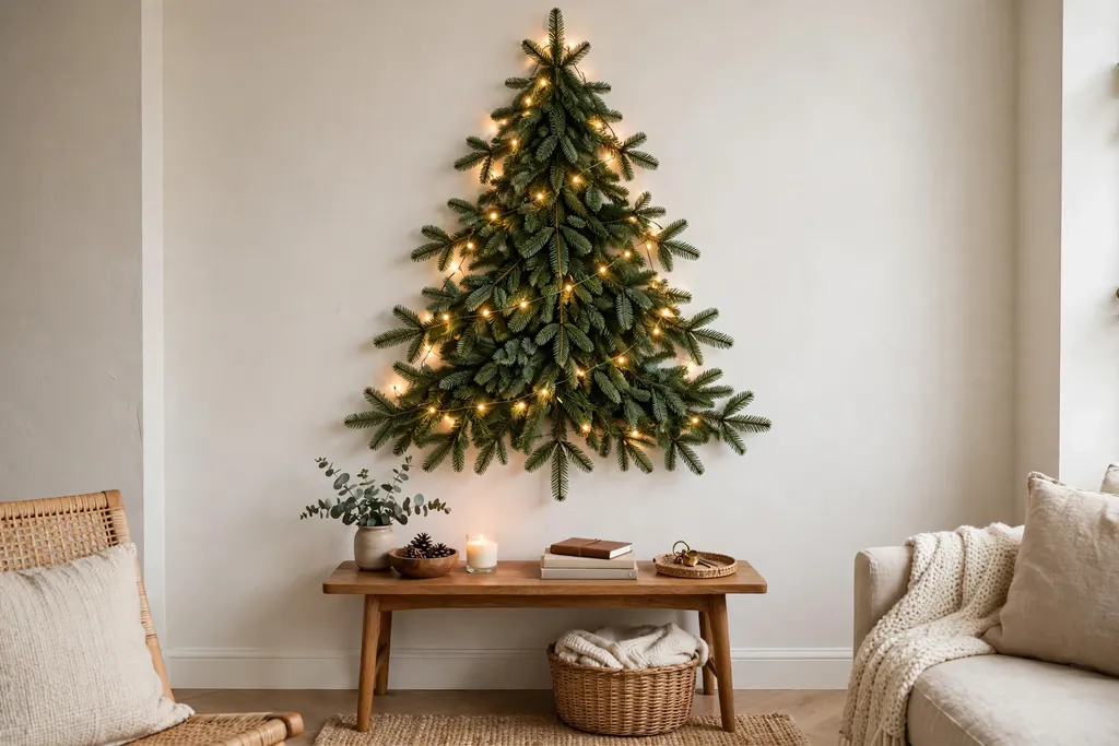 Flat Christmas tree made of evergreen branches and lights on a living room wall above a small console.
