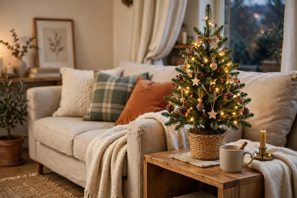 Small decorated tabletop Christmas tree on a side table beside a sofa in a cozy living room.