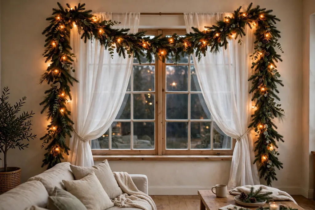 Evergreen garland with warm lights around a living room window frame with sheer curtains.