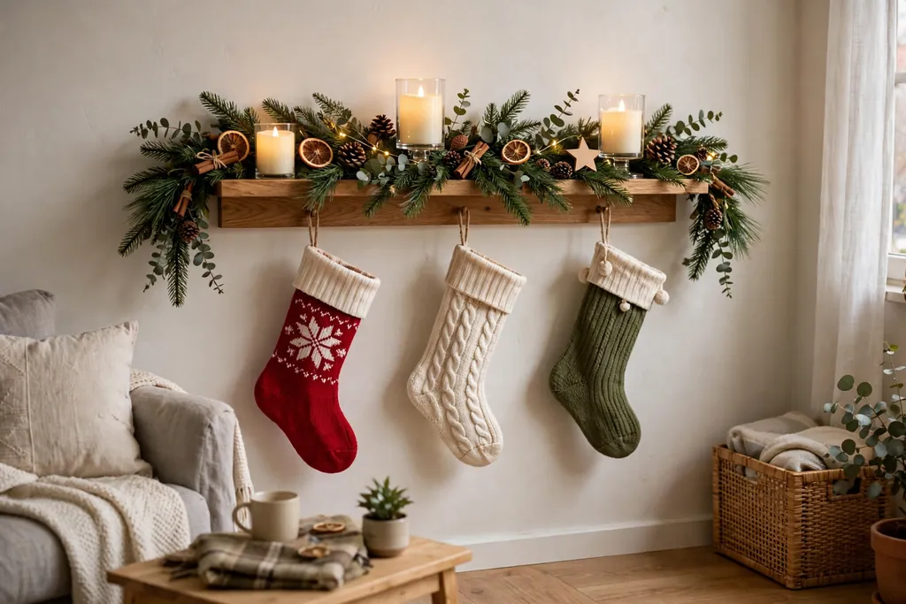 Wall shelf dressed as a Christmas mantel with evergreen garland, stockings, and battery candles in a small living room.