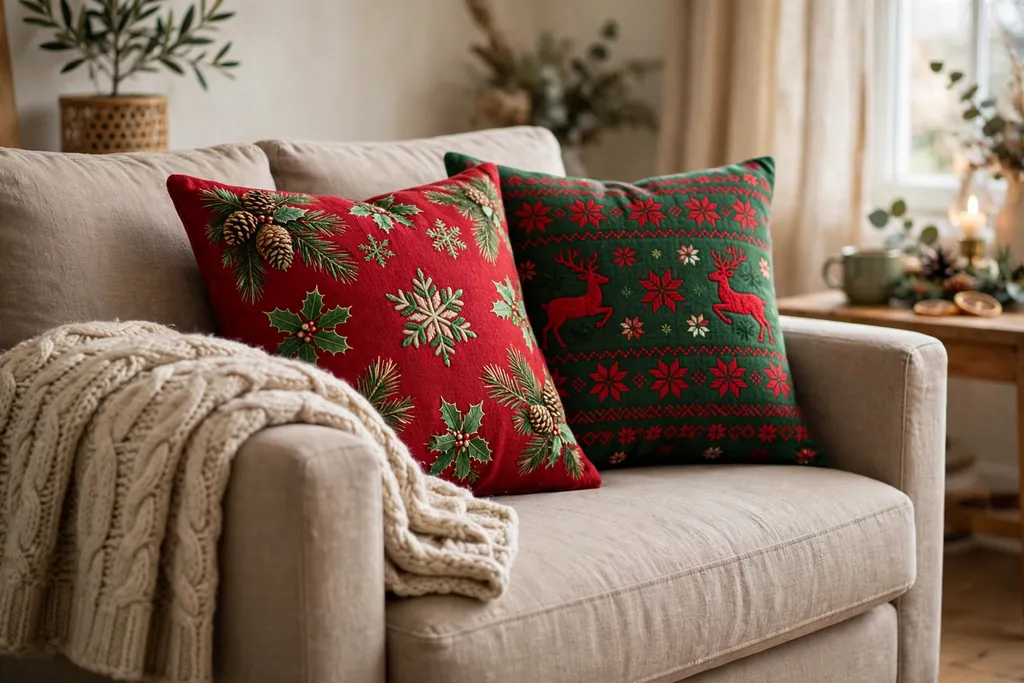 Sofa with red and deep green Christmas cushions and a chunky knit throw folded over one arm.