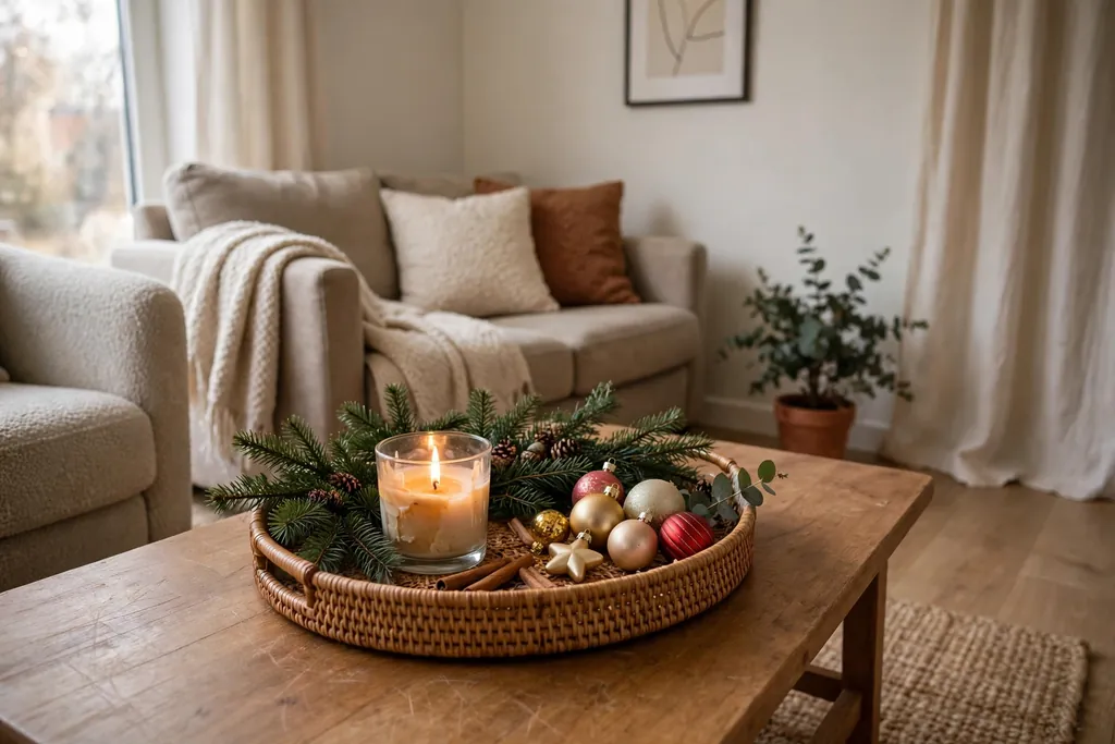 Coffee table tray with a candle, evergreen sprigs, and small Christmas ornaments in a small living room.