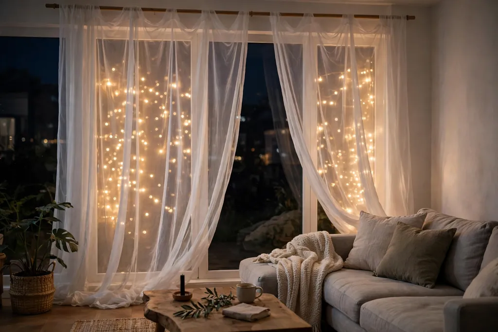 Living room window at night with string lights glowing softly behind sheer white curtains.