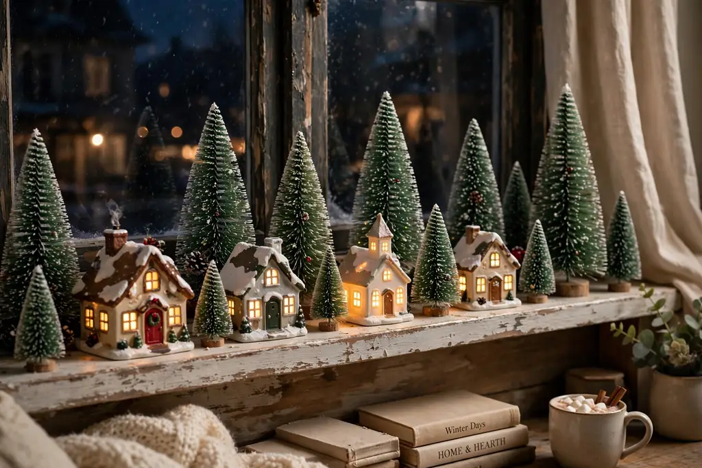 Small Christmas village with tiny lit houses and bottle brush trees lined along a living room windowsill.