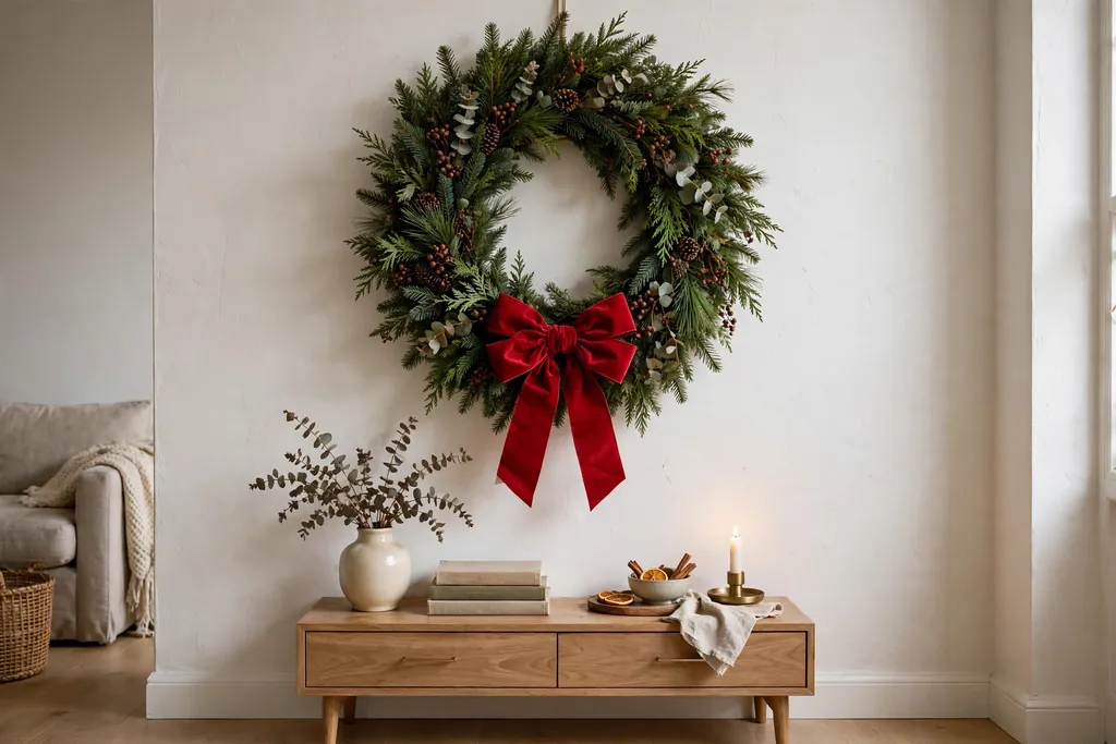 Evergreen Christmas wreath with a red bow hung on a living room wall above a small console.