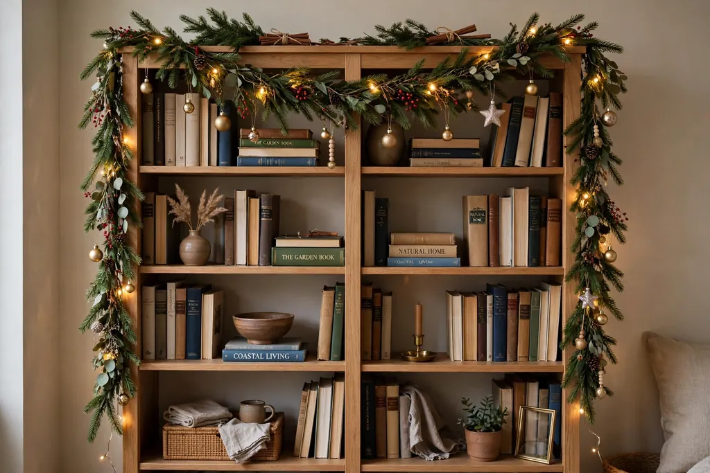 Bookshelf draped with a slim evergreen garland, small ornaments, and warm battery lights.