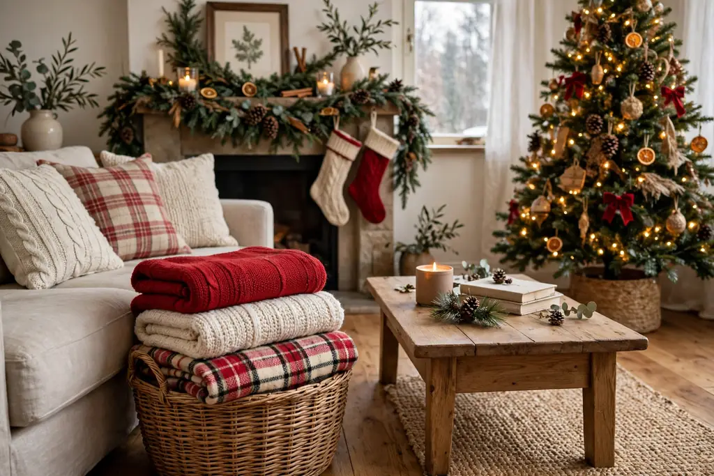 Woven basket of folded red, cream, and plaid throws beside a sofa in a Christmas living room.