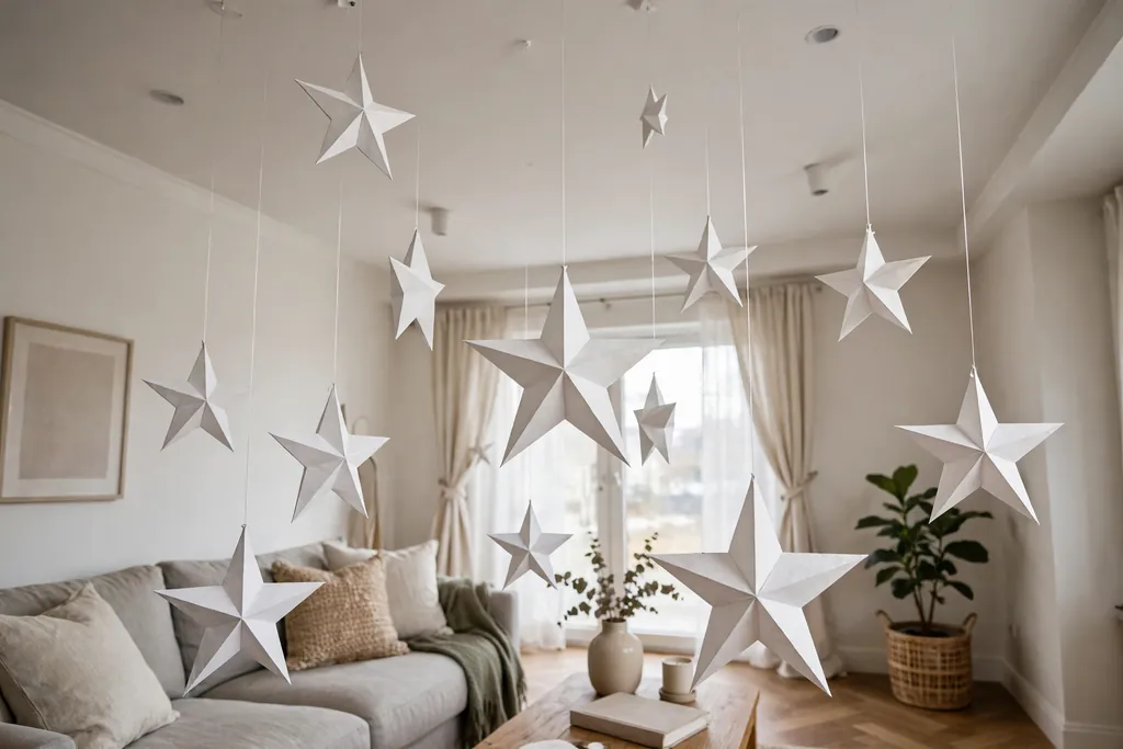 White paper stars hanging at different heights from a living room ceiling with clear thread.