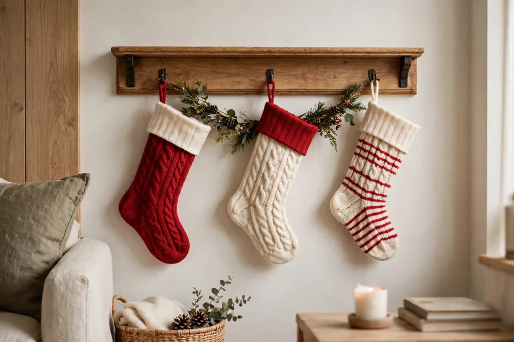 Wooden stocking rail on a living room wall holding red and cream Christmas stockings with a small garland.