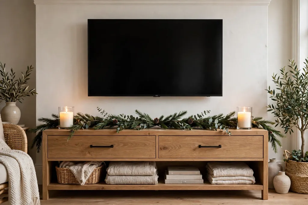 TV console topped with a slim evergreen garland and battery candles at each end, television above.