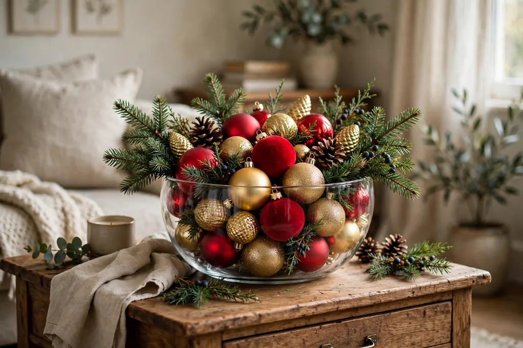 Glass bowl filled with red and gold Christmas ornaments and evergreen sprigs on a side table.