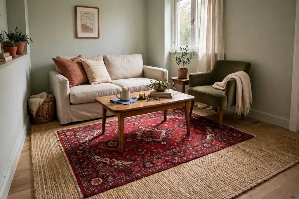 Small living room seating group with a red patterned rug layered over a large plain rug under a coffee table.