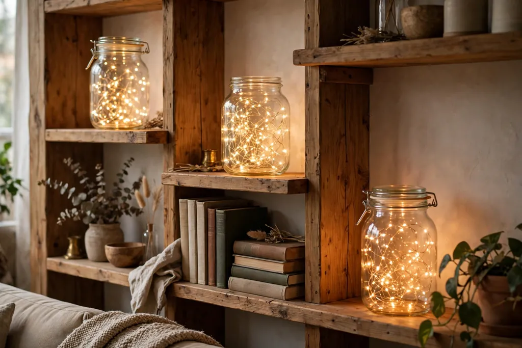 Glass jars with warm fairy lights glowing on wooden living room shelves beside books.