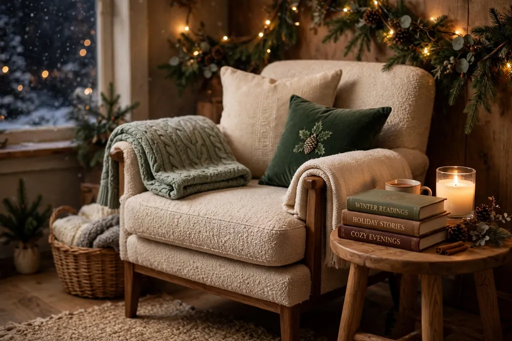 Cozy Christmas reading nook with an armchair, a folded throw, a side table with books, and a battery candle.