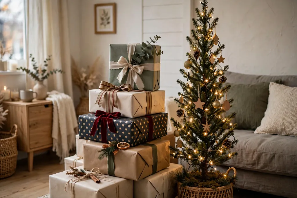 Stack of wrapped decorative gift boxes with ribbon beside a slim Christmas tree in a small living room.