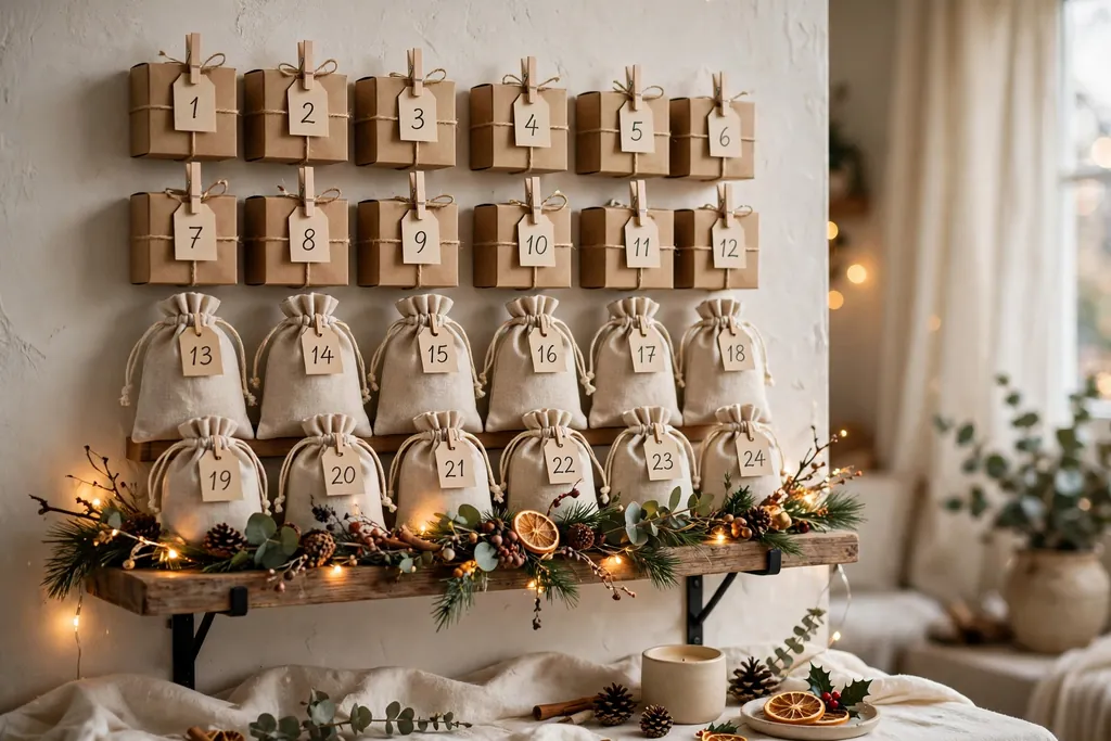 Advent countdown shelf with 24 small numbered boxes and bags, a small garland, and warm lights.
