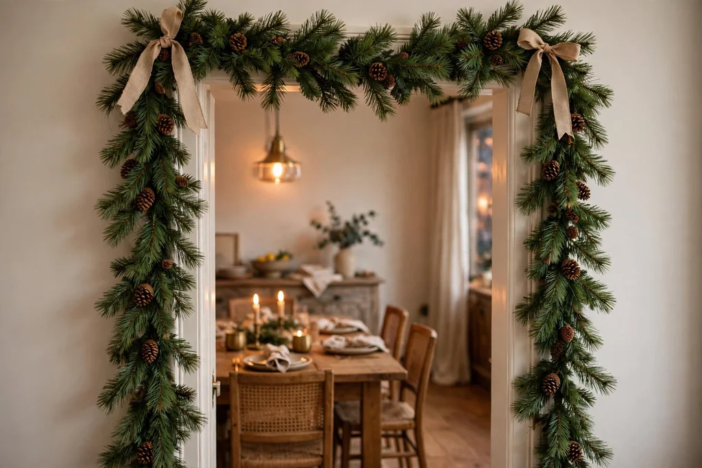 Pine garland framing a dining room doorway with small pinecones.