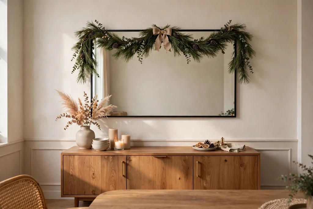 Dining room mirror with a pine garland swag draped across the top.