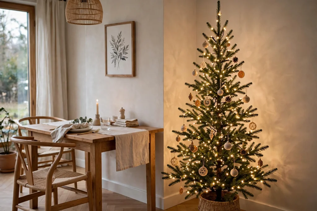 Slim Christmas tree with warm lights standing in a dining room corner.