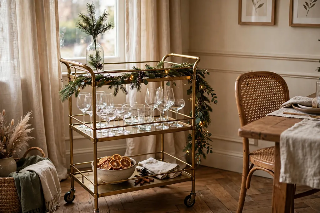 Bar cart dressed as a festive drinks station with pine sprigs and glasses.