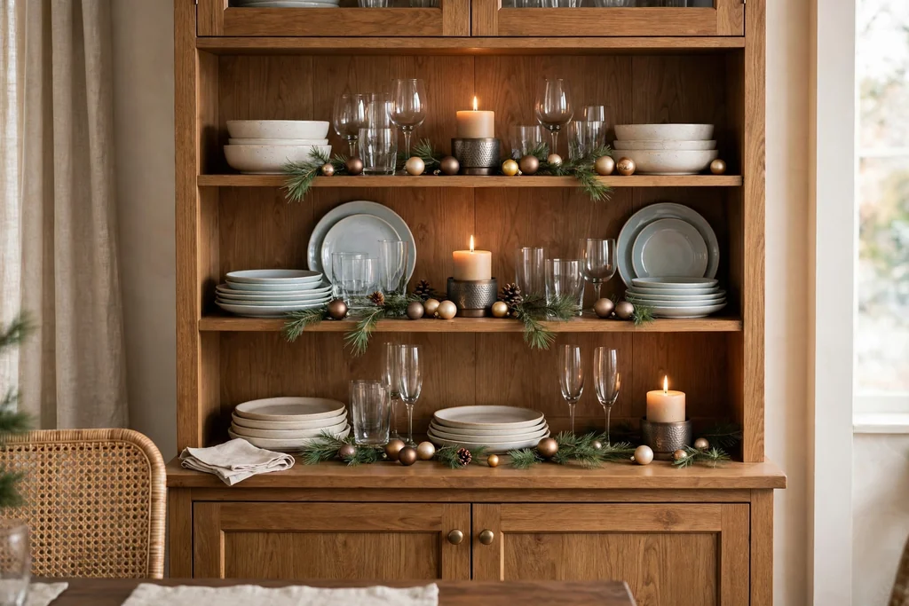 Hutch shelves styled with pine sprigs, baubles, and small candle holders.
