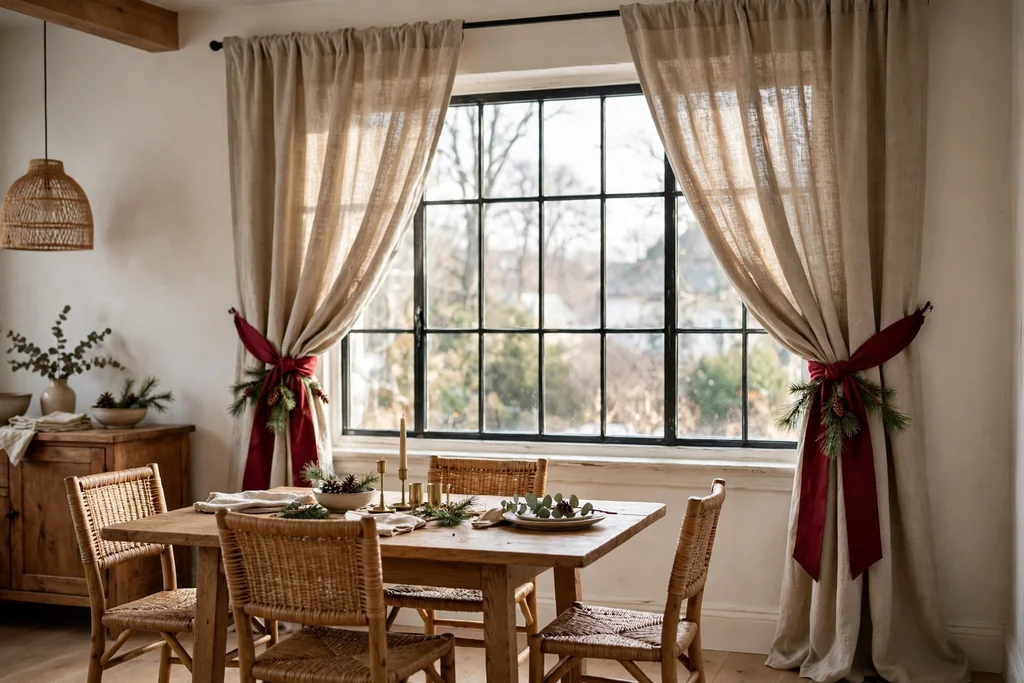 Dining room curtains tied back with wide ribbon and short pine sprigs.