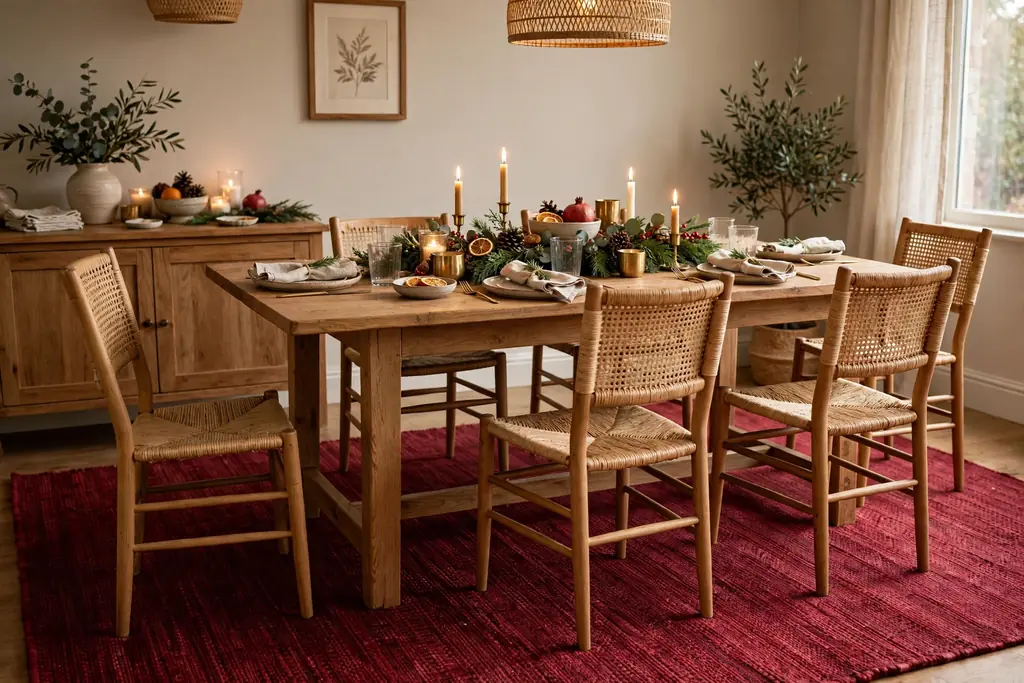 Layered rug in deep red under a dining table with chairs pulled out.