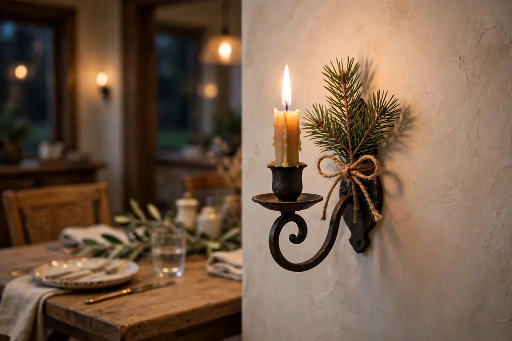 Wall candle sconce dressed with a short pine sprig tied with twine.