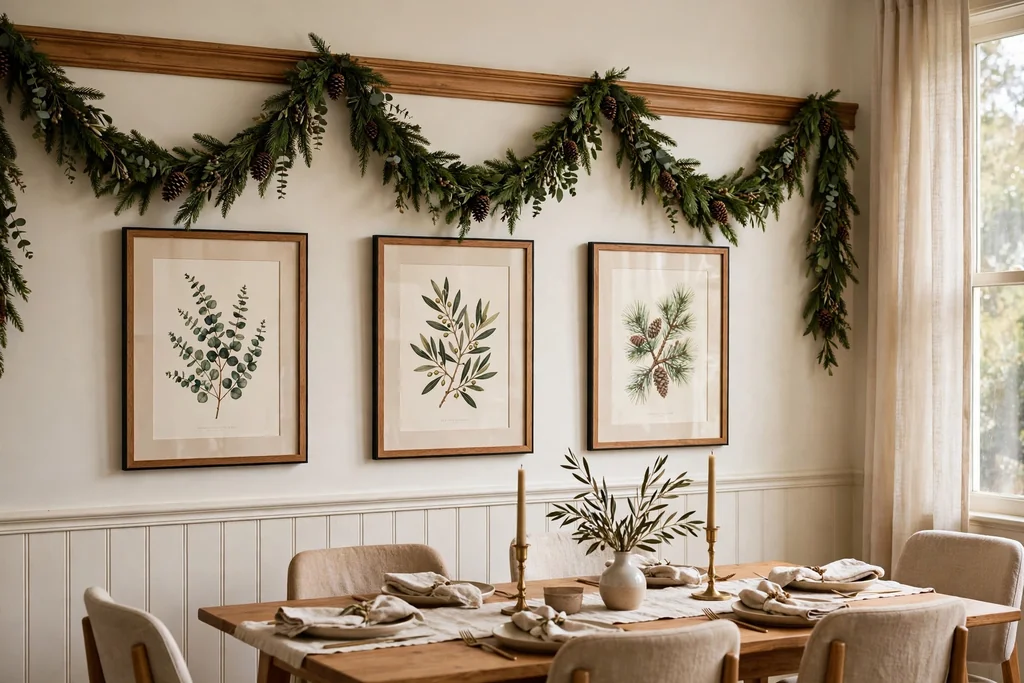 Swag garland dipping along a dining room picture rail with pinecones.