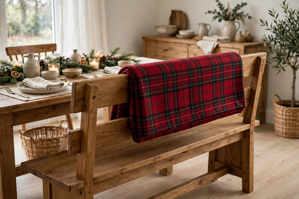 Festive plaid throw draped over a dining bench back.