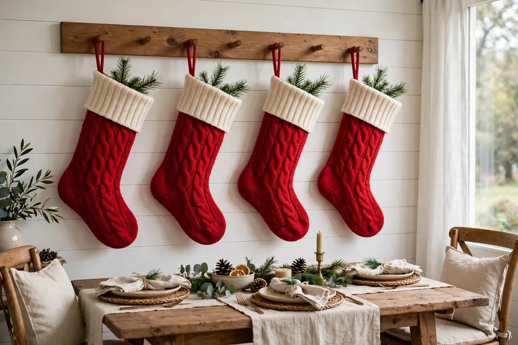 Stockings hung on a wall peg rail in a dining room with pine sprigs.