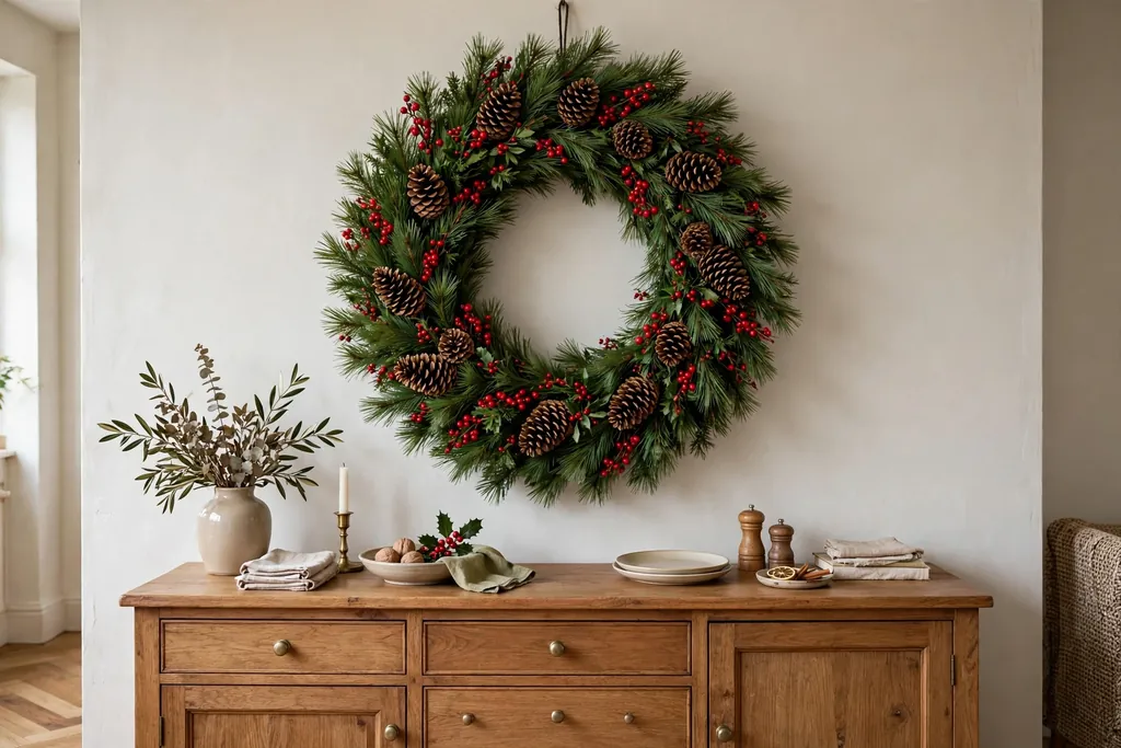 Oversized pine wreath hanging above a dining room sideboard.