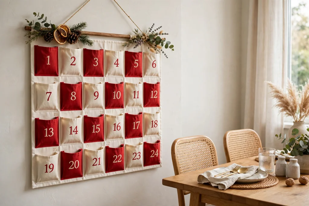 Fabric advent calendar with pockets hanging on a dining room wall.