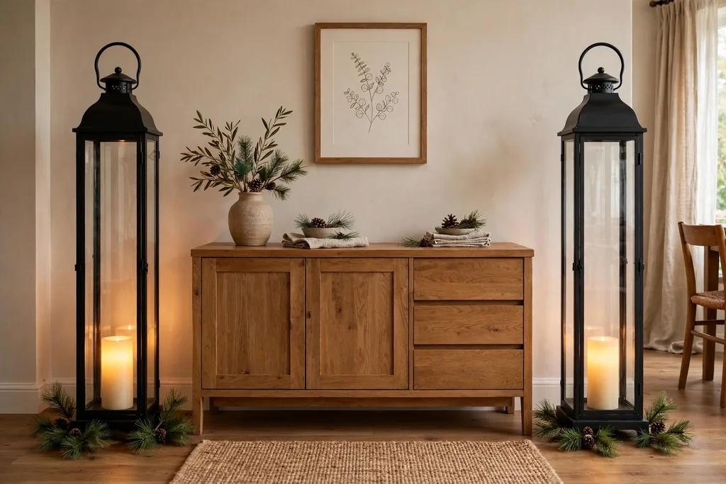 Tall floor lanterns with battery candles flanking a dining room sideboard.