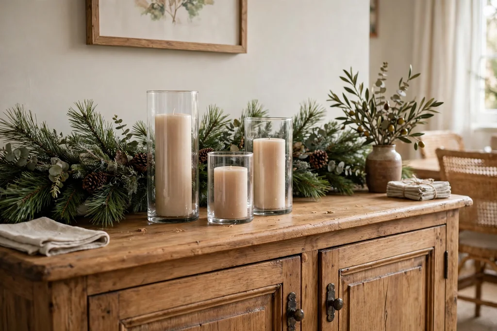 Pine garland and pillar candles in glass holders along a sideboard top.
