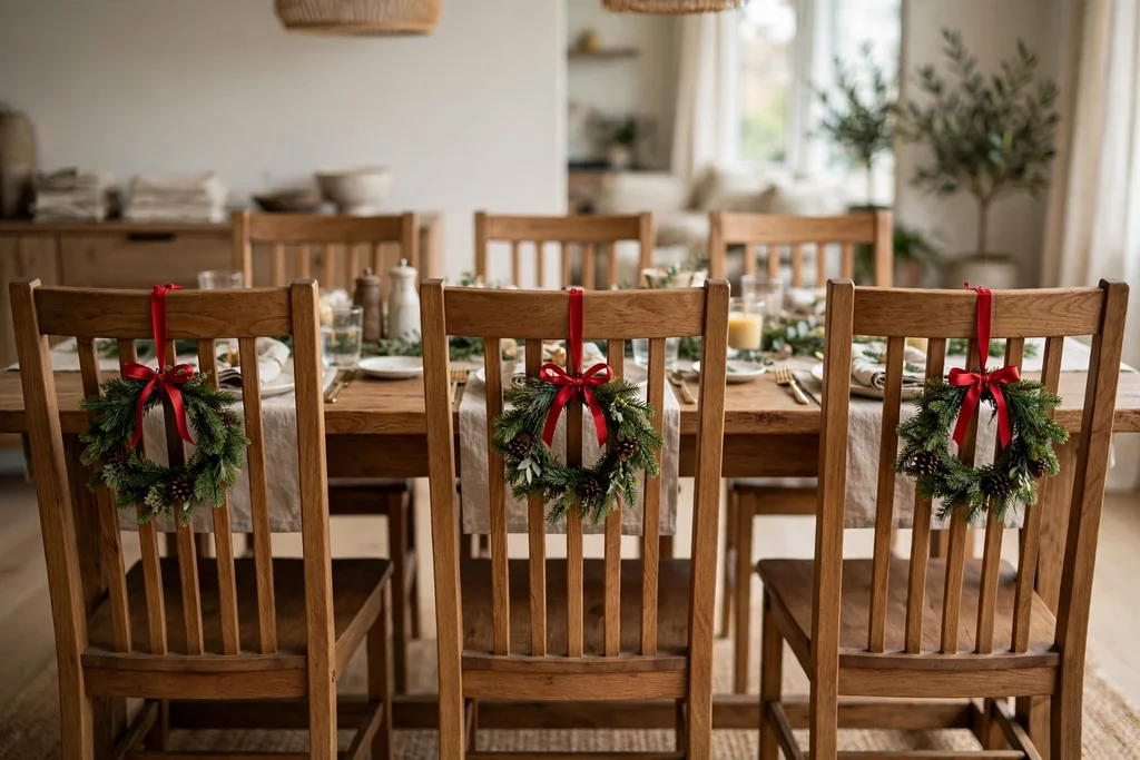 Small wreaths tied with ribbon to dining chair backs.