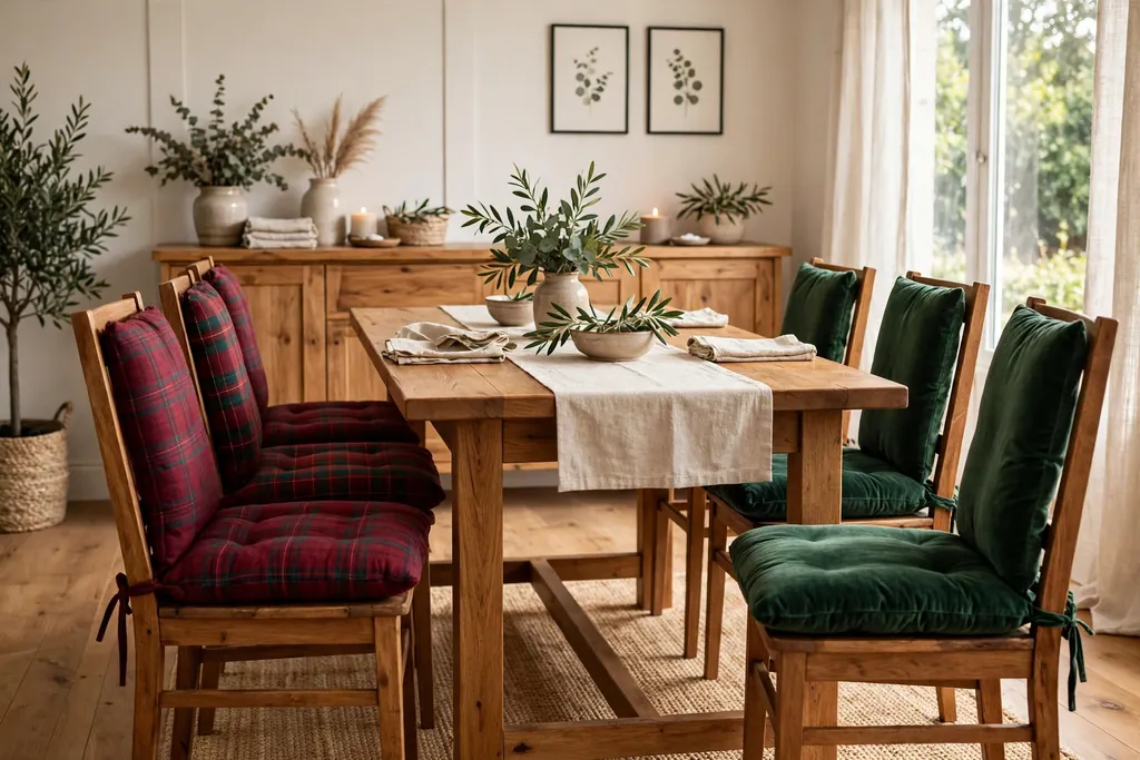 Dining chairs with plaid and velvet cushions in red and green.