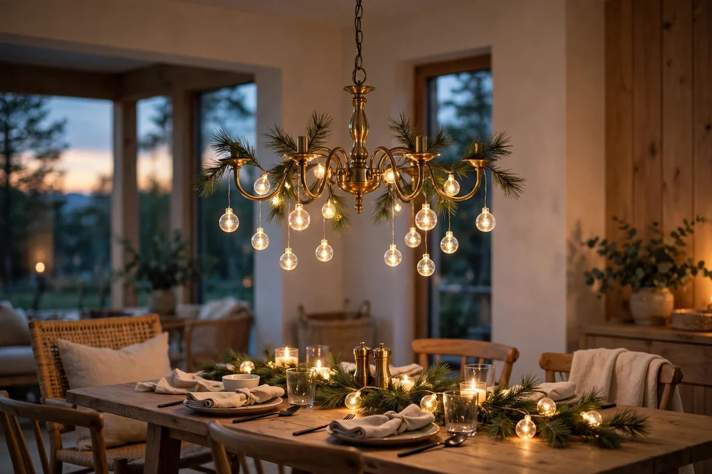 Chandelier above a dining table dressed with pine sprigs and light baubles.