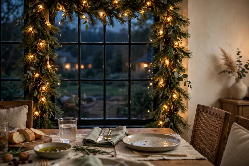 Dining room window framed with a pine garland and fairy lights.