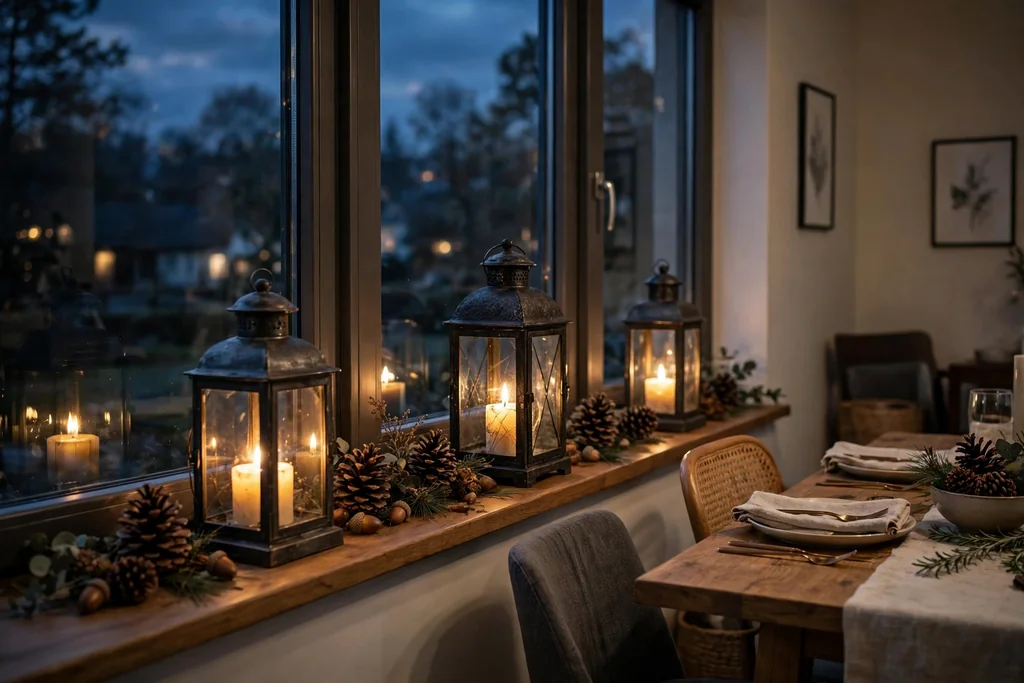 Lanterns and pinecones lined along a dining room windowsill.