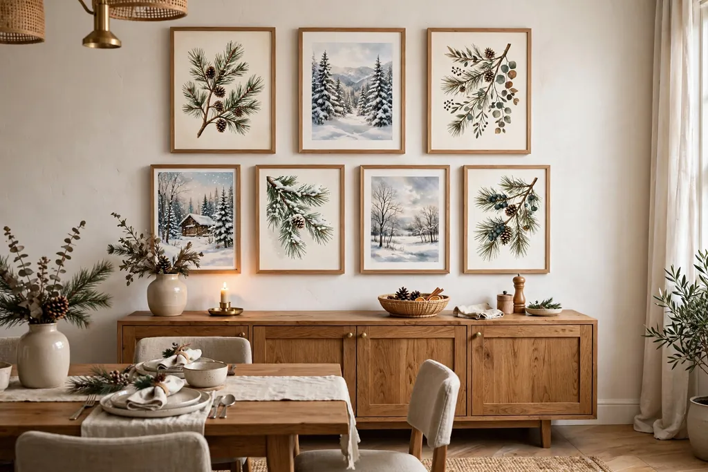 Dining room gallery wall with festive pine and winter prints in plain frames.