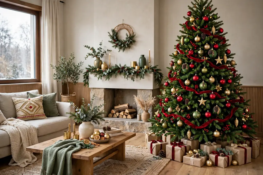 Christmas tree decorated with red, green, and gold ornaments and a red ribbon garland.