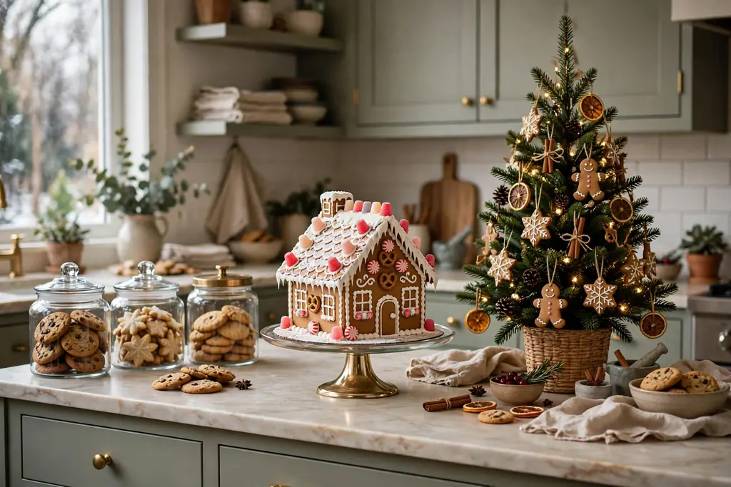 Kitchen with a gingerbread house on a cake stand and a small tree with cookie ornaments.