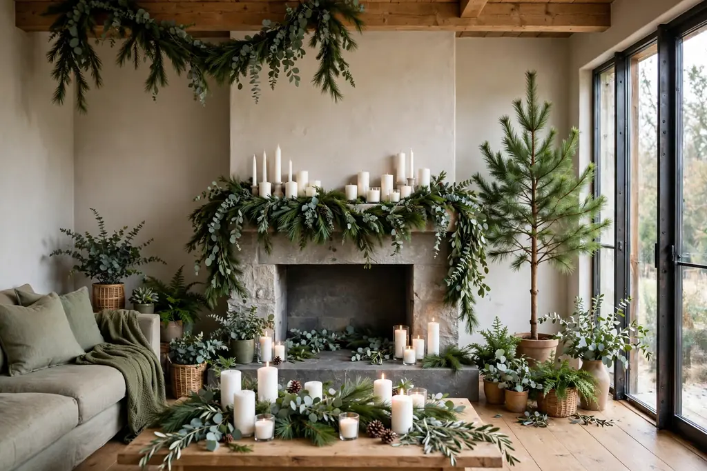 Living room decorated with pine and eucalyptus garlands and a plain tree with white candles.