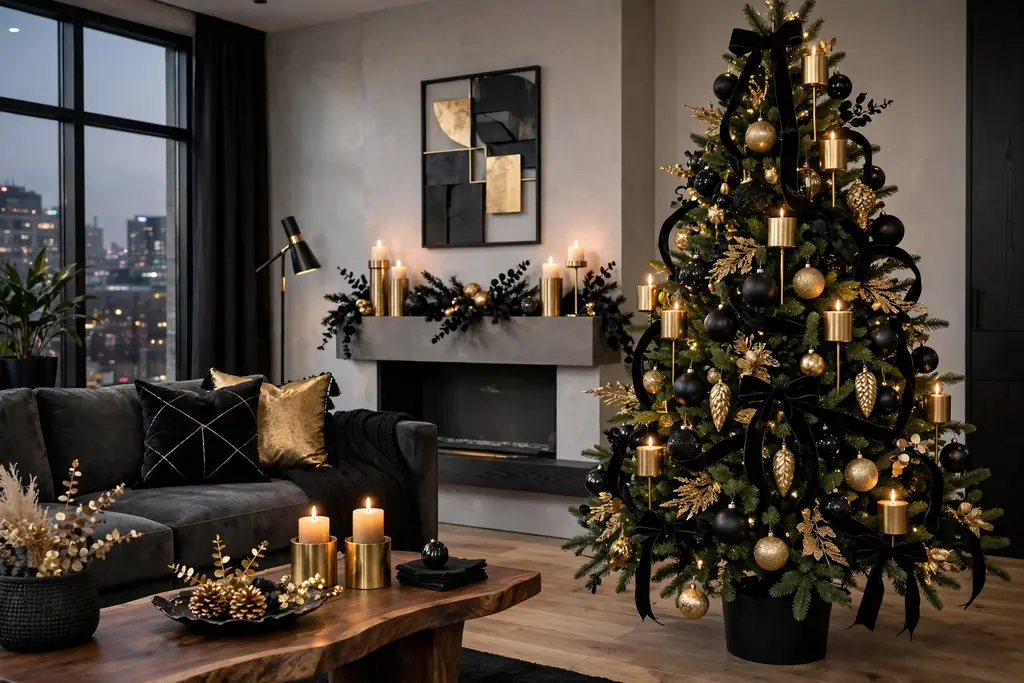 Modern living room with a Christmas tree decorated in black and gold ornaments.
