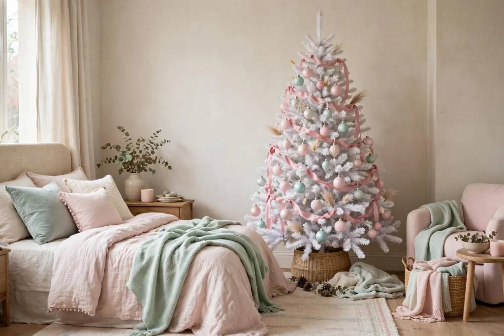 Bedroom with a white Christmas tree decorated in pastel pink and mint ornaments.