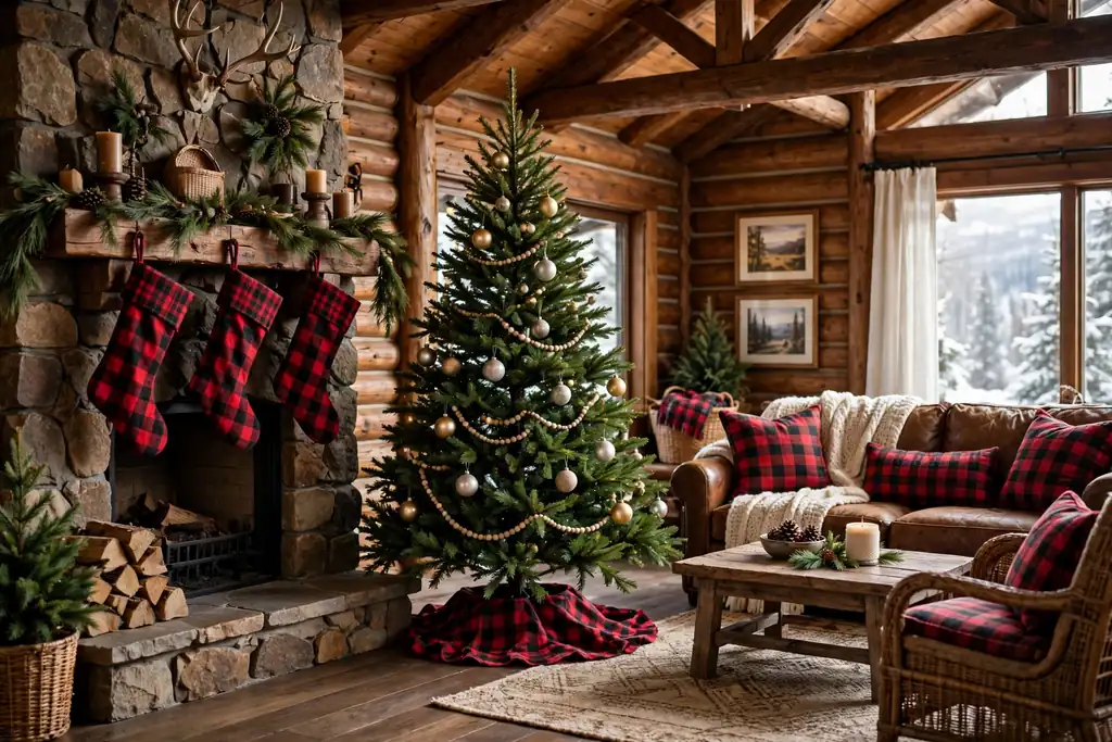 Lodge living room with plaid stockings, a plaid tree skirt, and plaid cushions.