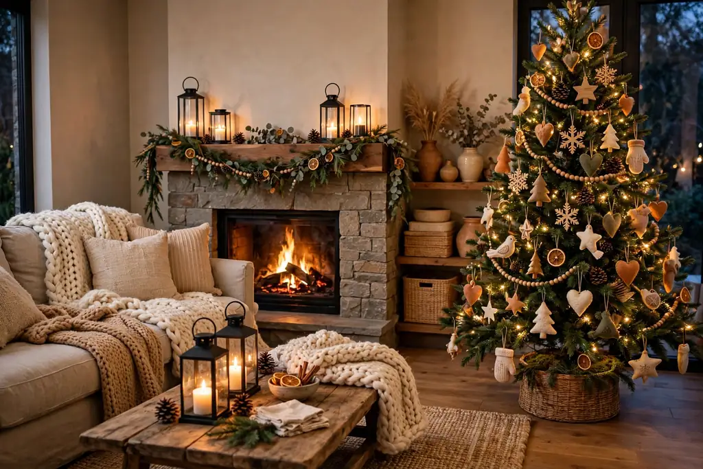 Warm living room with a fireplace, chunky knit throws, candle lanterns, and a Christmas tree.