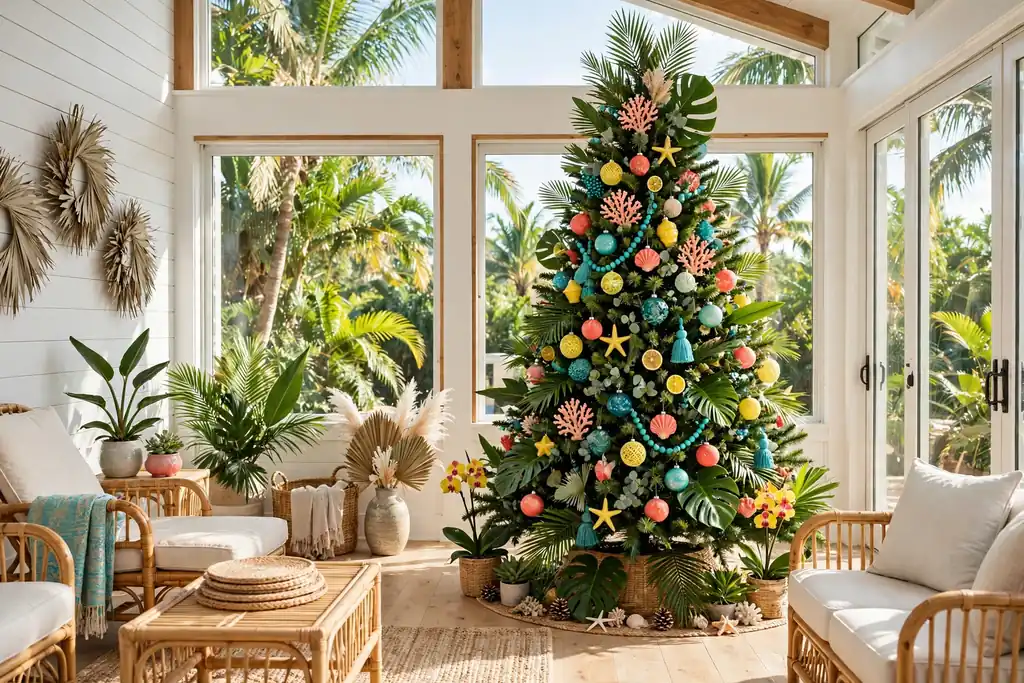 Bright sunroom with a tropical Christmas tree decorated in coral, turquoise, and yellow ornaments.